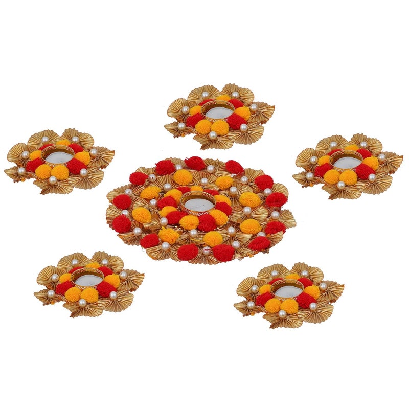 Sanvatsar Home Decorative Rangoli Diya Set Corporate Gift Diwali Gift Diya for puja Home Decoration Light Diya Christmas Candle Lighting New Year Candle Set of 6 Yellow Red - Image 3