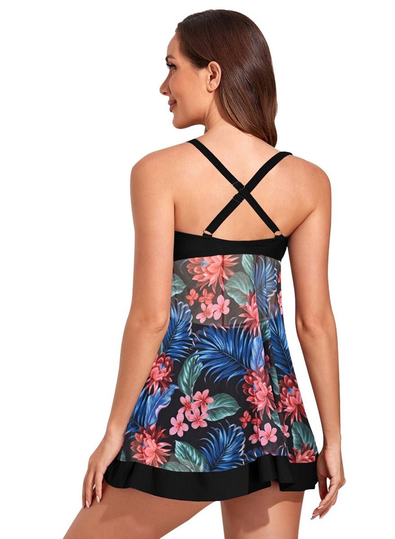 Loquat Black And Red Printed Pattern Gauze Skirt Style Split Bikini Modern Female Swimsuit - Image 3