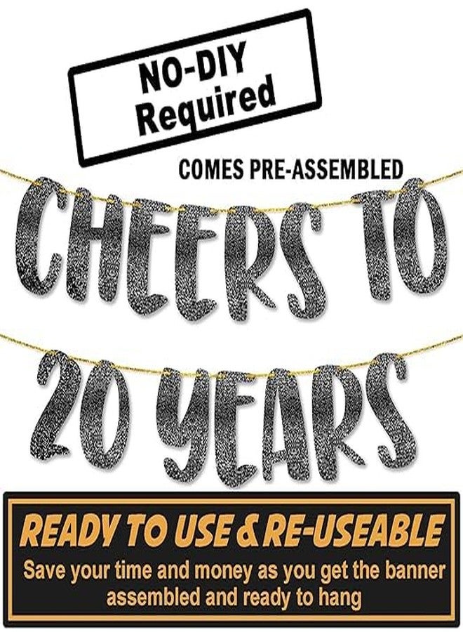 TrifleArte Cheers to 20 Years Banner | 20th Birthday Party Black Glitter Banner | Party Decorations and Supplies | Wedding Anniversary Decorations | Pre-Strung | No DIY Required - Image 2