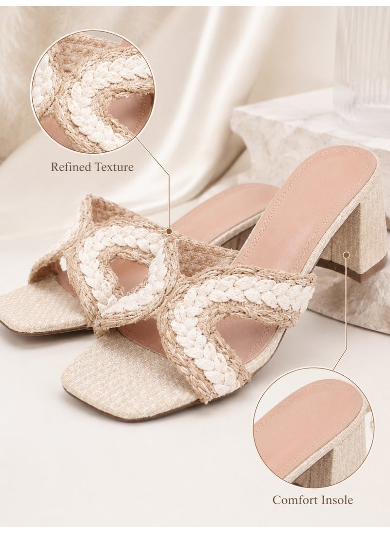 Women’s Woven Heeled Sandals, Beige Braided Strap Square Open Toe Slip-On Mules, Chunky Block Heel Dress Slides for Wedding Party Casual Summer Wear, EU 37-41 - Image 4