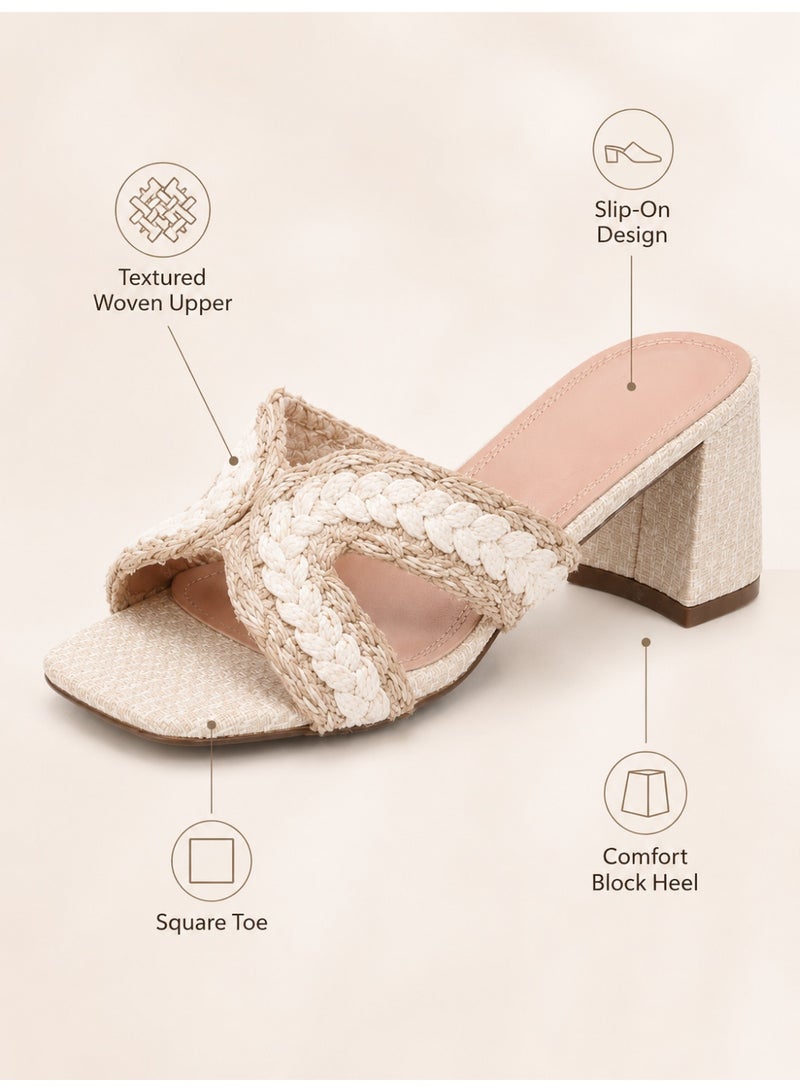 Women’s Woven Heeled Sandals, Beige Braided Strap Square Open Toe Slip-On Mules, Chunky Block Heel Dress Slides for Wedding Party Casual Summer Wear, EU 37-41 - Image 3