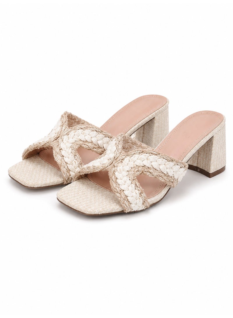 Women’s Woven Heeled Sandals, Beige Braided Strap Square Open Toe Slip-On Mules, Chunky Block Heel Dress Slides for Wedding Party Casual Summer Wear, EU 37-41 - Image 1