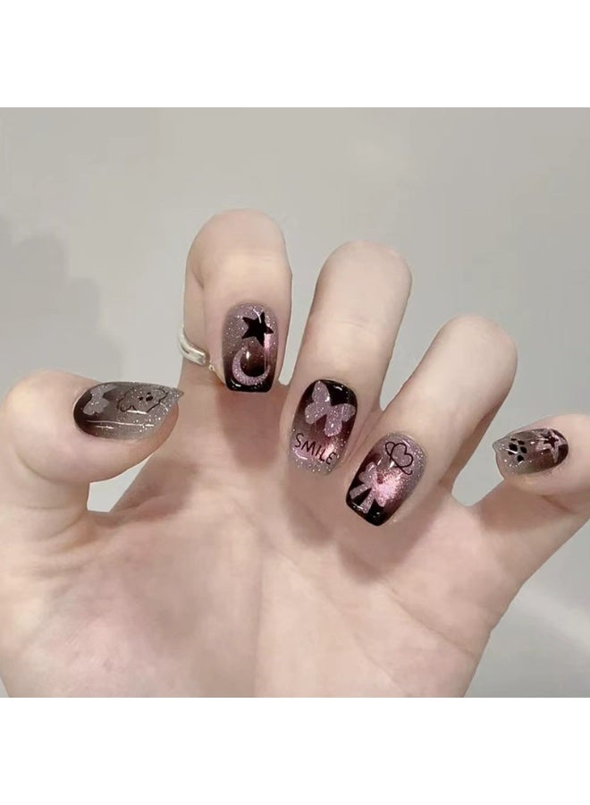 Goolsky Sweet Cool Puppy Butterfly Cat Eye Press-on Nails in Pink & Black for Playful Vibe - Image 3