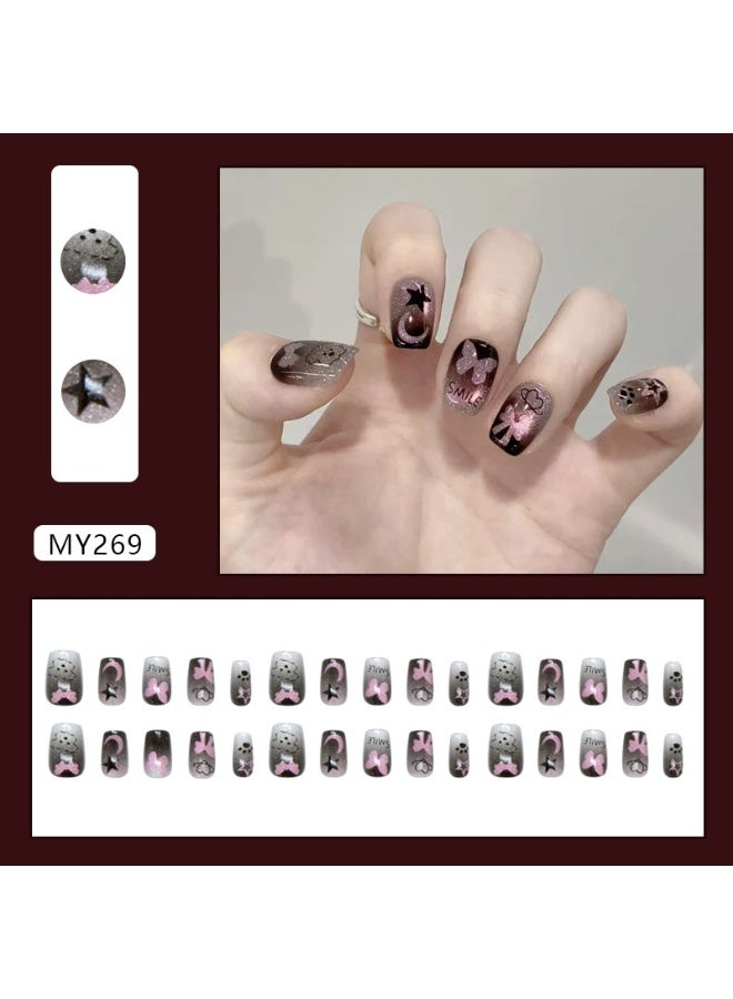 Goolsky Sweet Cool Puppy Butterfly Cat Eye Press-on Nails in Pink & Black for Playful Vibe - Image 5