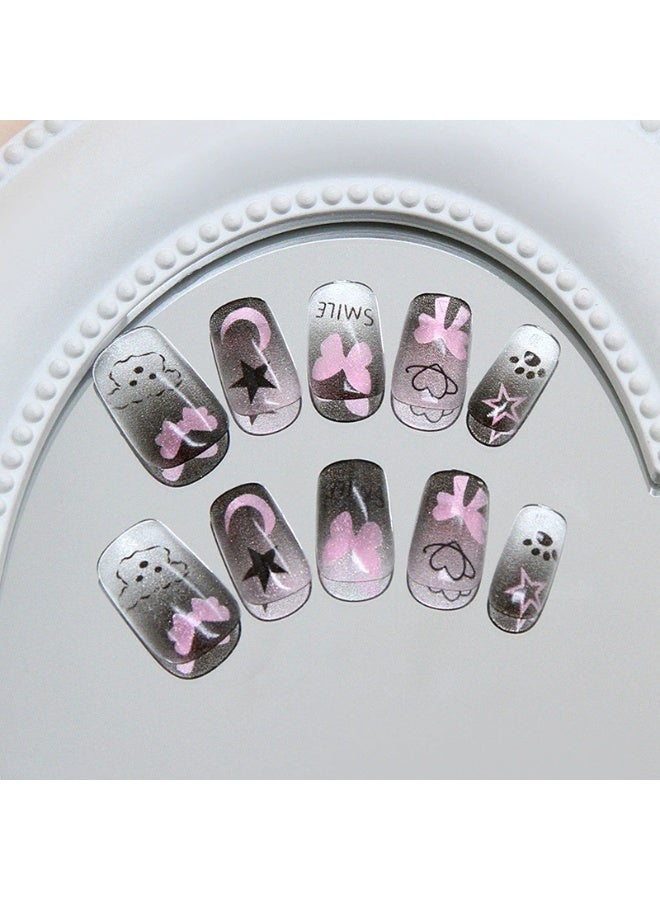 Goolsky Sweet Cool Puppy Butterfly Cat Eye Press-on Nails in Pink & Black for Playful Vibe - Image 2