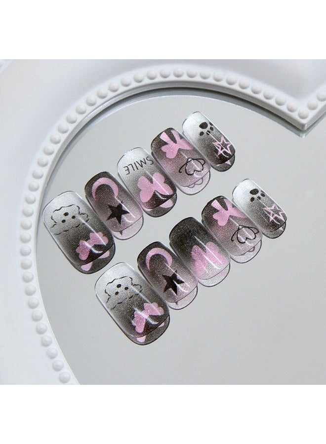 Goolsky Sweet Cool Puppy Butterfly Cat Eye Press-on Nails in Pink & Black for Playful Vibe - Image 4