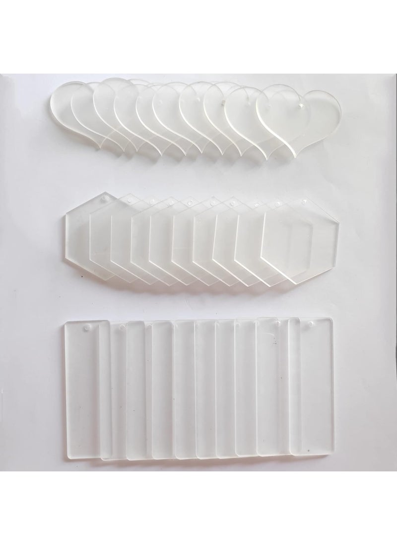 Generic Clear acrylic set of 3 shapes rectanglehexagon and heart with holeSet of 30 pcs  - Image 1