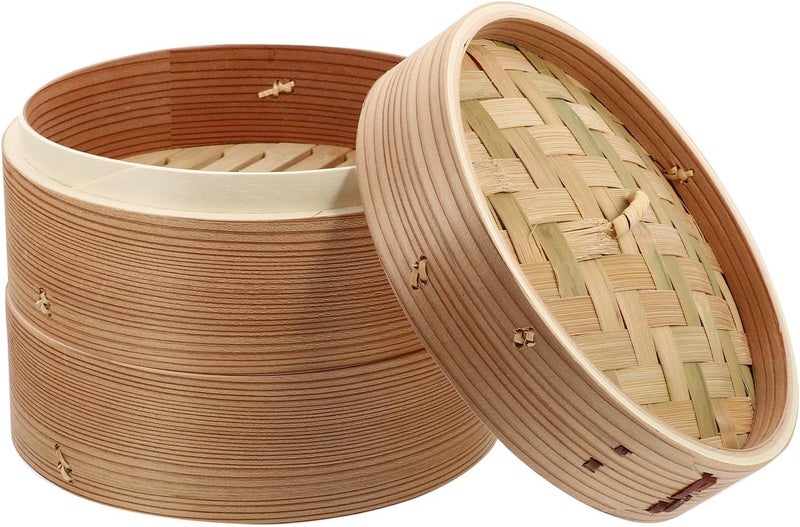 Wooden Steamer Basket for Cooking Food 18cm 2-tier with Lid Handmade Chinese Kitchen Steamer for Dumplings Baozi Vegetables for Home Cooking - Image 1