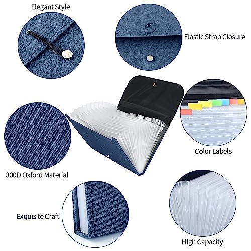 NISUN 13 Pockets Canvas Expanding File Folder, A4/Letter Size Accordion File, Expandable Document Organizer with Labels - Blue(33 * 24cm) - Image 3