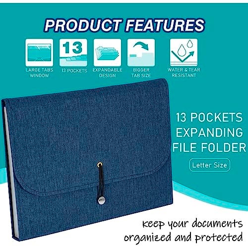NISUN 13 Pockets Canvas Expanding File Folder, A4/Letter Size Accordion File, Expandable Document Organizer with Labels - Blue(33 * 24cm) - Image 4