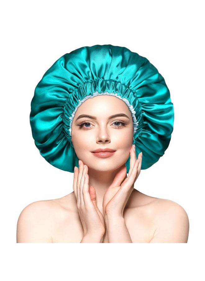 mikimini Satin Bonnet for Sleeping,Pack of 2,Green+Light Blue,Silk Bonnet for Women Long Curly Hair,Reversible Double-Layer Sleeping Hair Bonnet Extra Large Stretchy Sleep Hair Caps  - Image 1