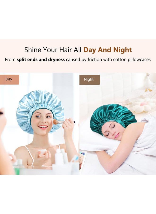mikimini Satin Bonnet for Sleeping,Pack of 2,Green+Light Blue,Silk Bonnet for Women Long Curly Hair,Reversible Double-Layer Sleeping Hair Bonnet Extra Large Stretchy Sleep Hair Caps  - Image 4