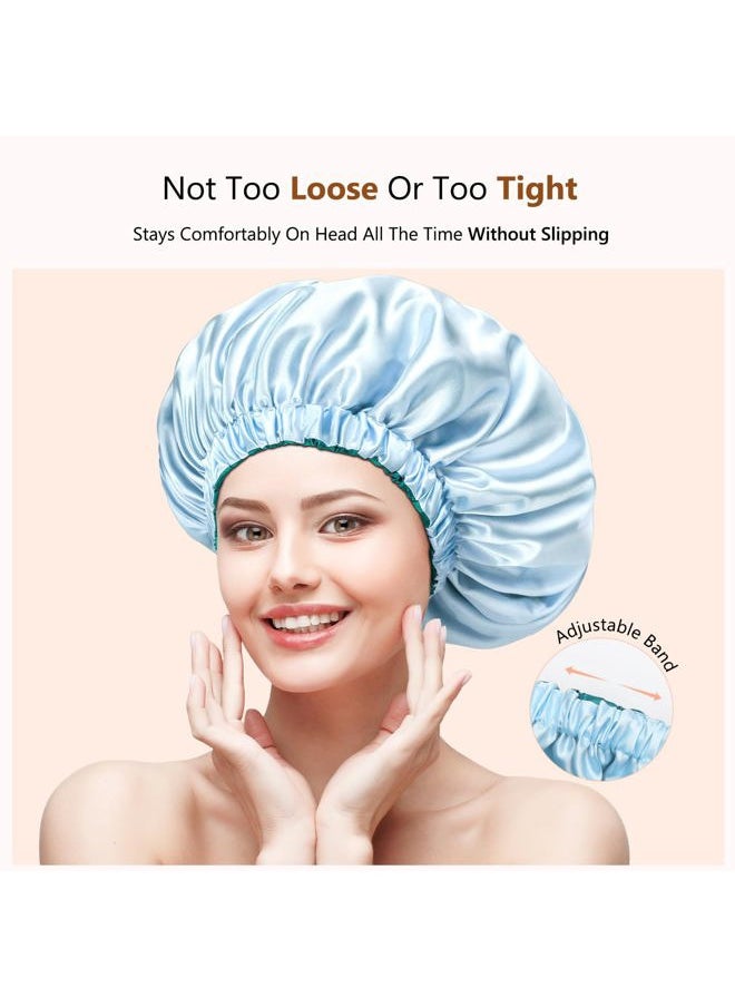 mikimini Satin Bonnet for Sleeping,Pack of 2,Green+Light Blue,Silk Bonnet for Women Long Curly Hair,Reversible Double-Layer Sleeping Hair Bonnet Extra Large Stretchy Sleep Hair Caps  - Image 2