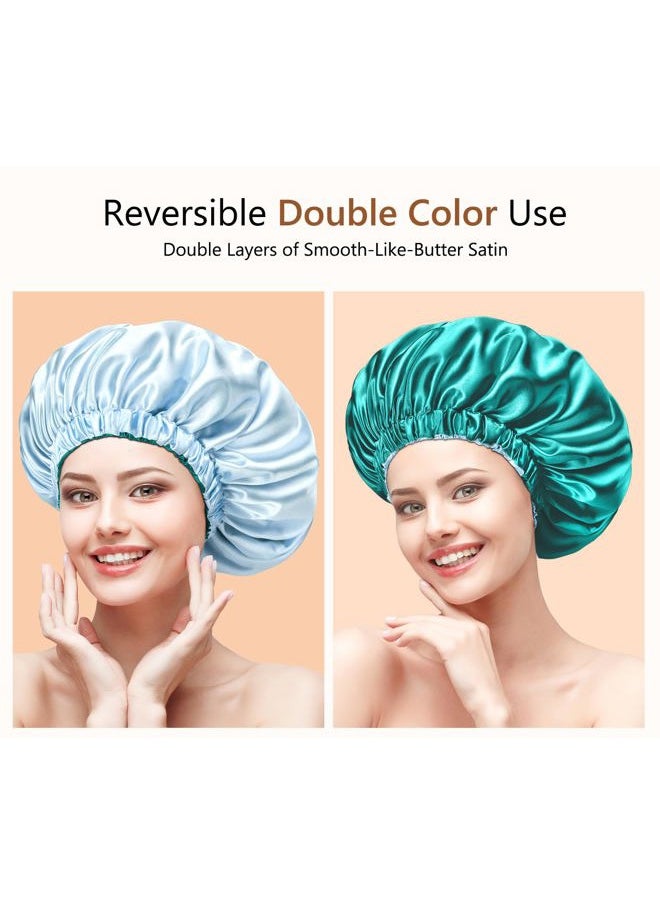mikimini Satin Bonnet for Sleeping,Pack of 2,Green+Light Blue,Silk Bonnet for Women Long Curly Hair,Reversible Double-Layer Sleeping Hair Bonnet Extra Large Stretchy Sleep Hair Caps  - Image 3