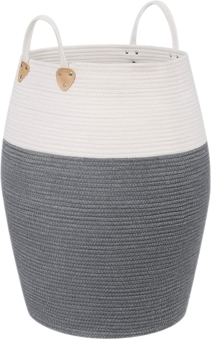 LARGE LAUNDRY HAMPER TALL WICKER HAMPER LAUNDRY BASKET SOFT COTTON ROPE WOVEN HAMPER FARMHOUSE DESIGN GRACEFUL CURVE BASKET 60CM HEIGHT