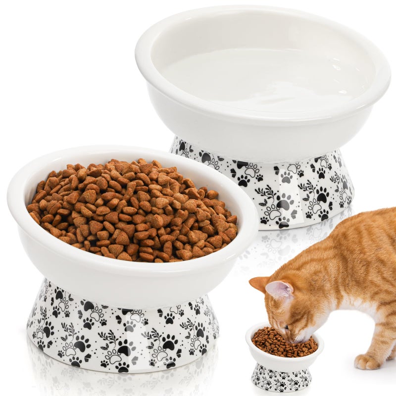 ELFULLY 2 Pack Ceramic Elevated Cat Bowls, 6" Extra Wide Tilted Raised Pet Dish, Whisker Friendly Food and Water Bowl for Small Dogs, Anti Vomiting & Protect Pet's Spine, Microwave Dishwasher Safe - Image 1