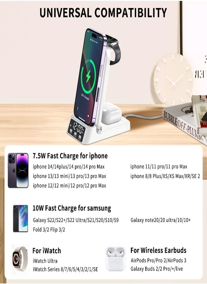 XVersion 4-in-1 Fast Wireless Charger Station with Digital Clock | Qi Charging Stand for iPhone 14/13/12/11, Apple Watch, AirPods, Samsung & More – White  - Image 2
