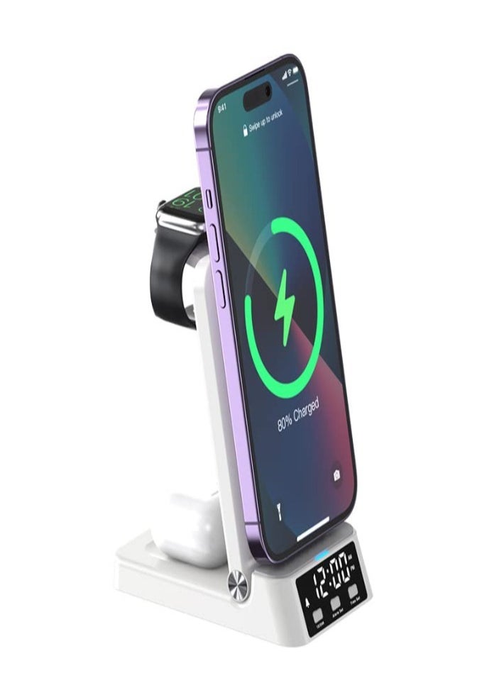 XVersion 4-in-1 Fast Wireless Charger Station with Digital Clock | Qi Charging Stand for iPhone 14/13/12/11, Apple Watch, AirPods, Samsung & More – White  - Image 1