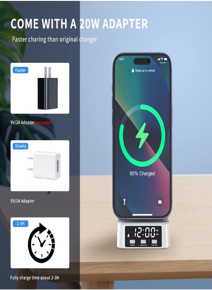 XVersion 4-in-1 Fast Wireless Charger Station with Digital Clock | Qi Charging Stand for iPhone 14/13/12/11, Apple Watch, AirPods, Samsung & More – White  - Image 3