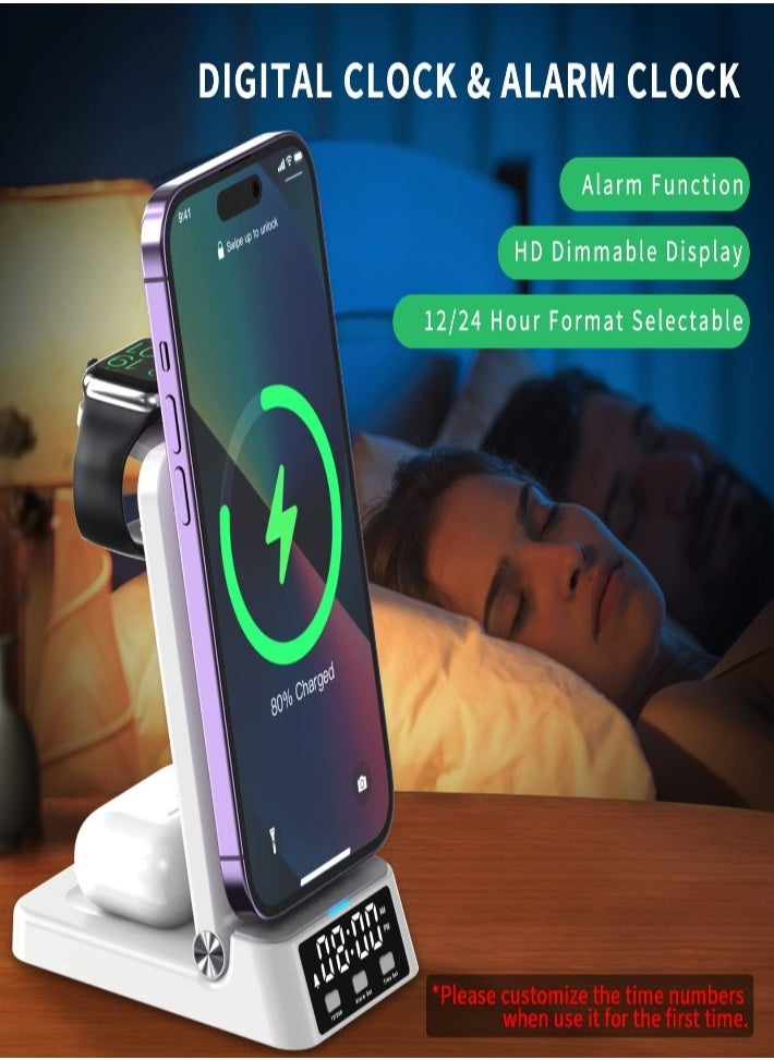 XVersion 4-in-1 Fast Wireless Charger Station with Digital Clock | Qi Charging Stand for iPhone 14/13/12/11, Apple Watch, AirPods, Samsung & More – White  - Image 4