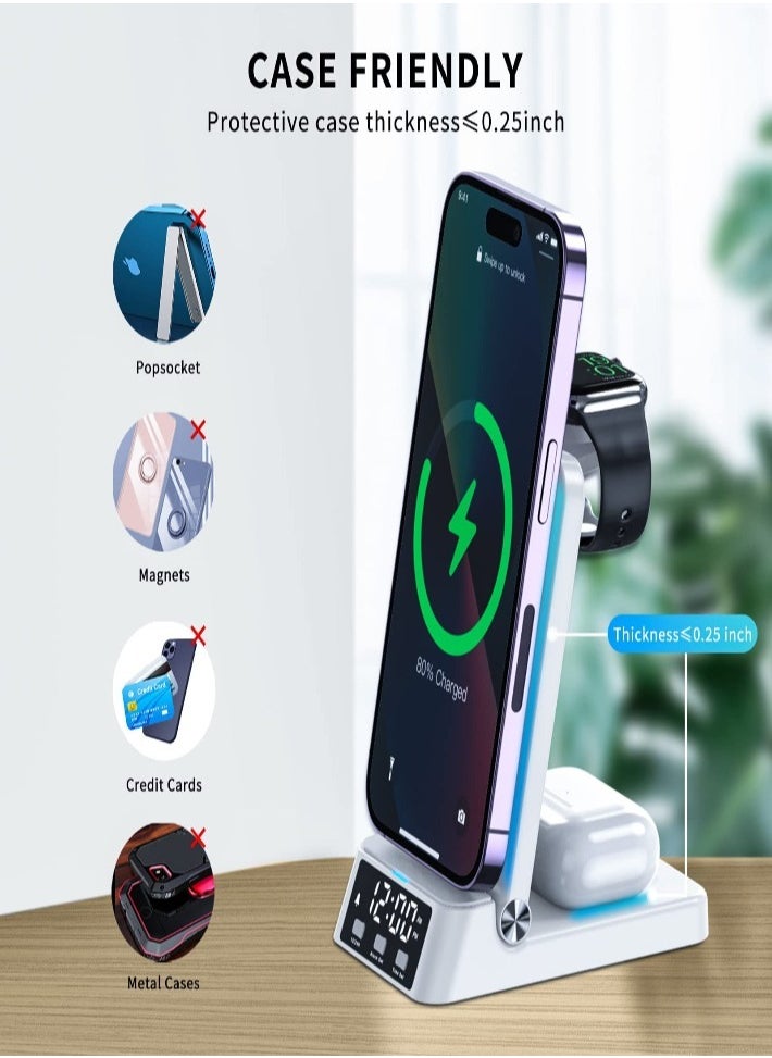 XVersion 4-in-1 Fast Wireless Charger Station with Digital Clock | Qi Charging Stand for iPhone 14/13/12/11, Apple Watch, AirPods, Samsung & More – White  - Image 5