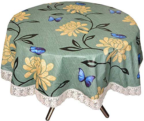 PVC Flower Printed Dining Table Cover Green Color with White Lace 4 Seater Table 60 inch Round PVC Exact Size  - Image 1