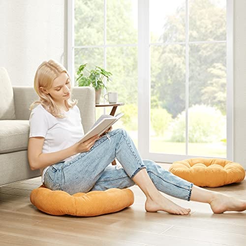 Degrees of Comfort Meditation Floor Pillow, Round Large Pillows Seating for Adults, Tufted Corduroy Cushion for Tatami Living Room, Orange Yellow 22 Inch - Image 4