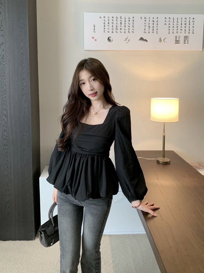 Real S ~ Plus Size Autumn New Korean Design Square Collar Slim Belly Slim High Sense Shirt Top - Image 5