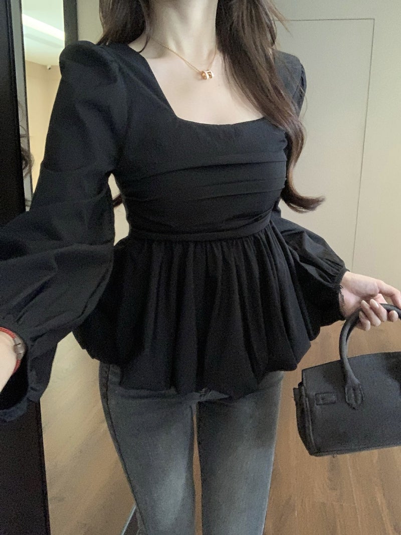 Real S ~ Plus Size Autumn New Korean Design Square Collar Slim Belly Slim High Sense Shirt Top - Image 4