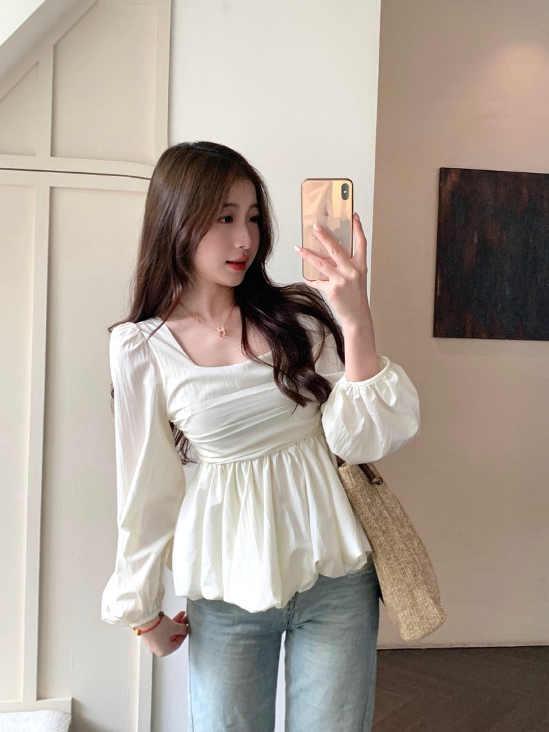 Real S ~ Plus Size Autumn New Korean Design Square Collar Slim Belly Slim High Sense Shirt Top - Image 1
