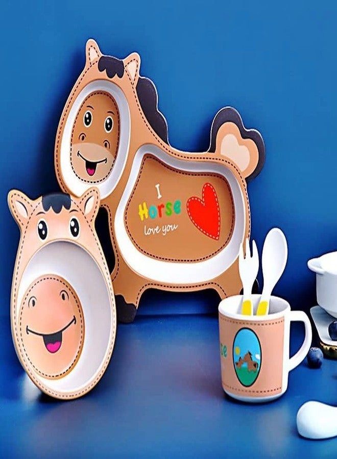 PANSHUB Horse Bamboo Dish Set Eco Friendly Bamboo Fiber Dinner Set, 5 Pcs Tableware Crockery Set for Weaning Toddler & Self Feeding Baby Utensil Set for Baby Kids (Horse Bamboo Fiber Dinner Set) - Image 3