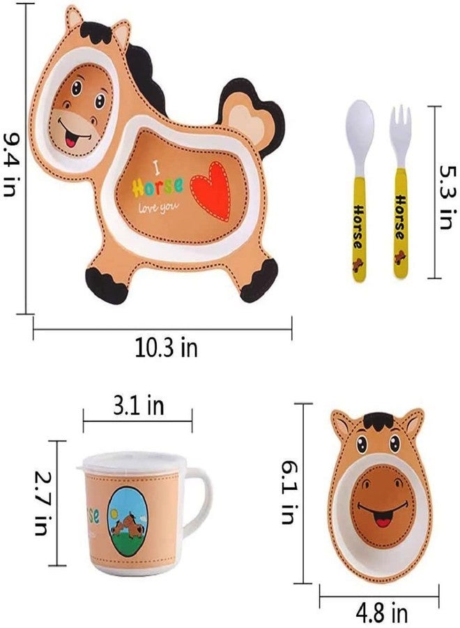 PANSHUB Horse Bamboo Dish Set Eco Friendly Bamboo Fiber Dinner Set, 5 Pcs Tableware Crockery Set for Weaning Toddler & Self Feeding Baby Utensil Set for Baby Kids (Horse Bamboo Fiber Dinner Set) - Image 2
