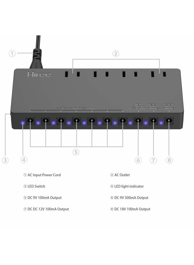 Hiree Guitar Pedal Power Supply Adapter Station Distributor 10 Isolated DC Output for 9V/12V/18V Effect PedalBoard with 4 AC Outlet for Charging Speaker, Musical Instruments - Image 5