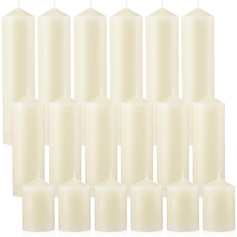 MTLEE 18 Pcs Set of 3 Pillar Candles Bulk 2 in x 3 6 8 Long Burning Clean Unscented Smokeless Pillar Candles for Wedding Emergency Lanterns Ceremony PartyIvory White