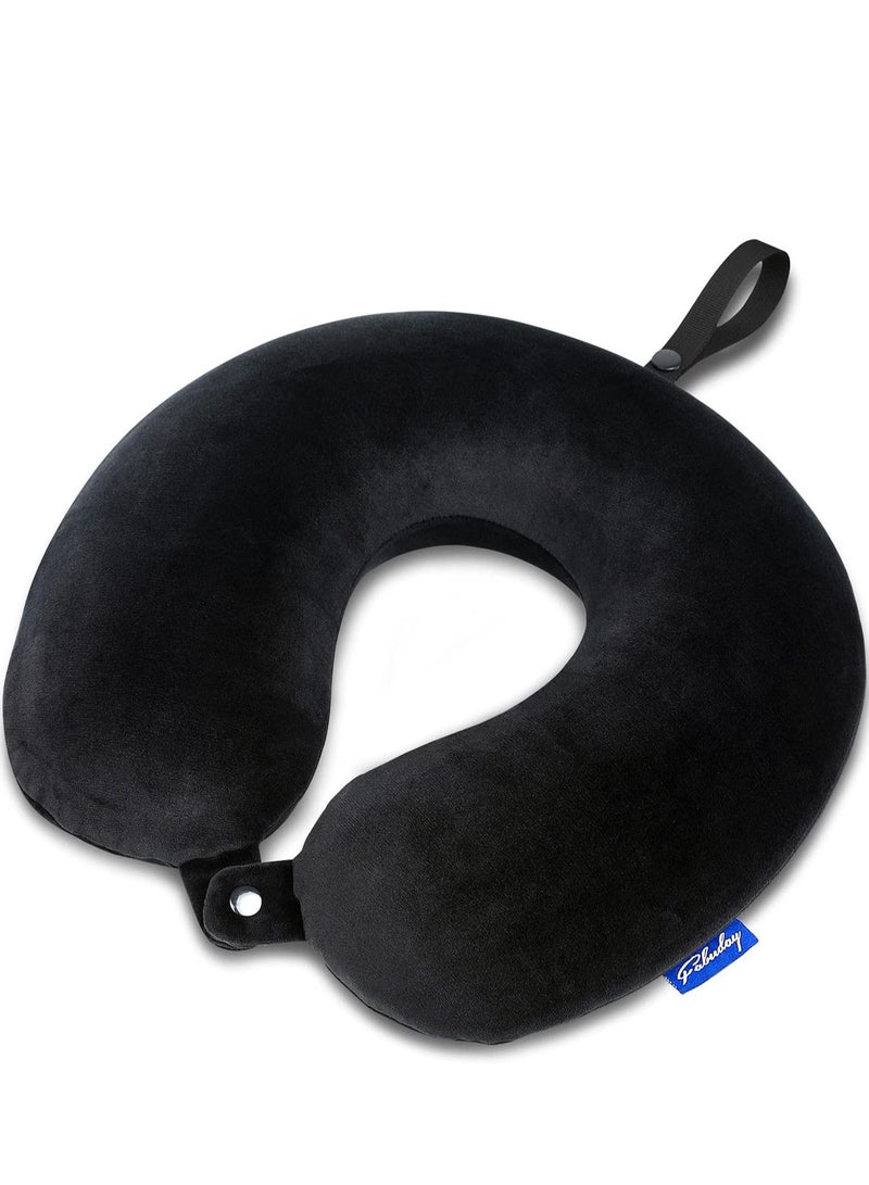 Memory Foam Travel Pillows for Airplanes - Neck Pillow for Traveling with Attachable Snap Strap Soft Washable Cover, Flight Pillow for Sleeping, Car, Home, Office, Black - Image 1