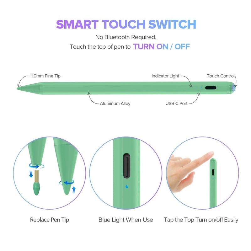 JAMJAKE قلم ستايلس لجهاز آيباد الجيل 11 و10 - شحن سريع 2X قلم نشط متوافق مع آيباد برو 11"/12.9"/M4، آيباد إير 3/4/5/M2/M3، آيباد 6-11، آيباد ميني 5/6 جيل - أخضر - Image 5