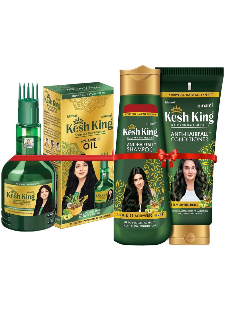 كيش كينج مجموعة كيش كينج المتقدمة للعناية بالشعر الأيورفيدية - زيت أيورفيدي لنمو الشعر + شامبو مضاد لتساقط الشعر مع خلاصة الصبار + بلسم مضاد لتساقط الشعر مع 21 عشبة لعلاج فروة الرأس وتقوية الشعر والحد من تساقطه - Image 1