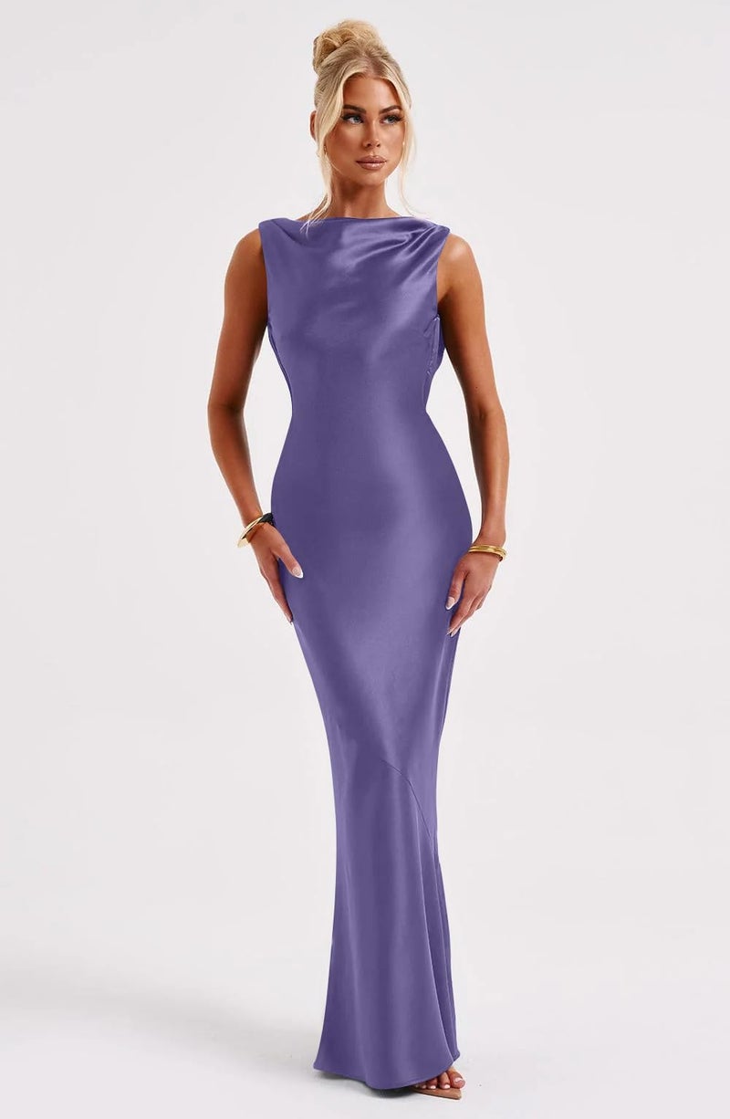 Memoriesea Women's Satin Elegant Sleeveless High Neck Tie Cocktail Party Maxi Dress Purple - Image 2