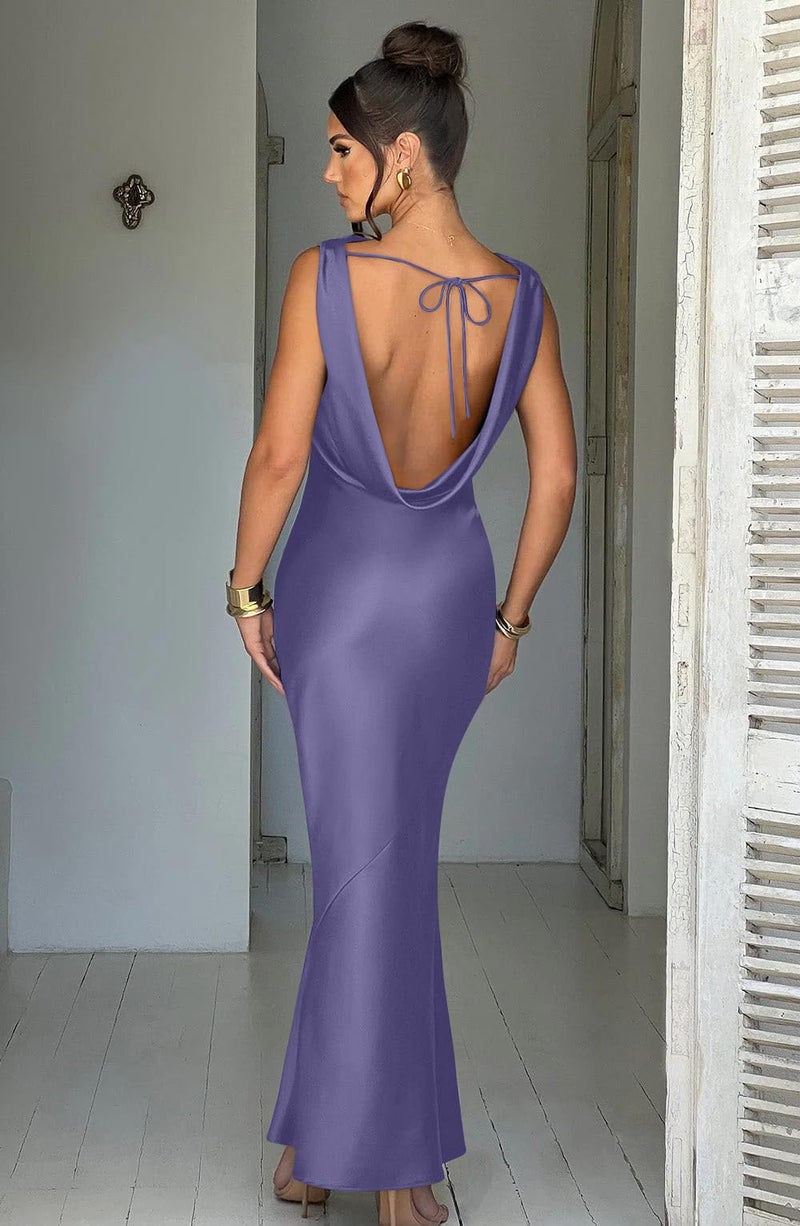 Memoriesea Women's Satin Elegant Sleeveless High Neck Tie Cocktail Party Maxi Dress Purple - Image 3