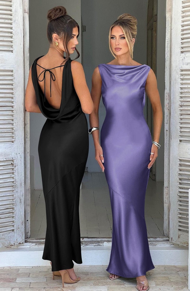 Memoriesea Women's Satin Elegant Sleeveless High Neck Tie Cocktail Party Maxi Dress Purple - Image 5