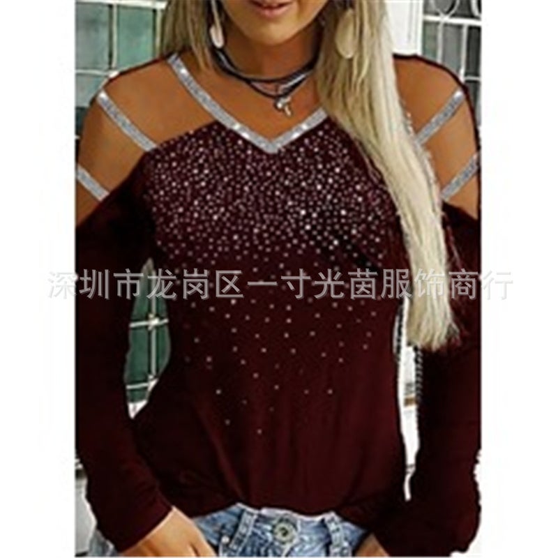 European and American women's V-neck off-the-shoulder hot-drilling long-sleeved multi-color slim casual sports women's T-shirt black XL - Image 2