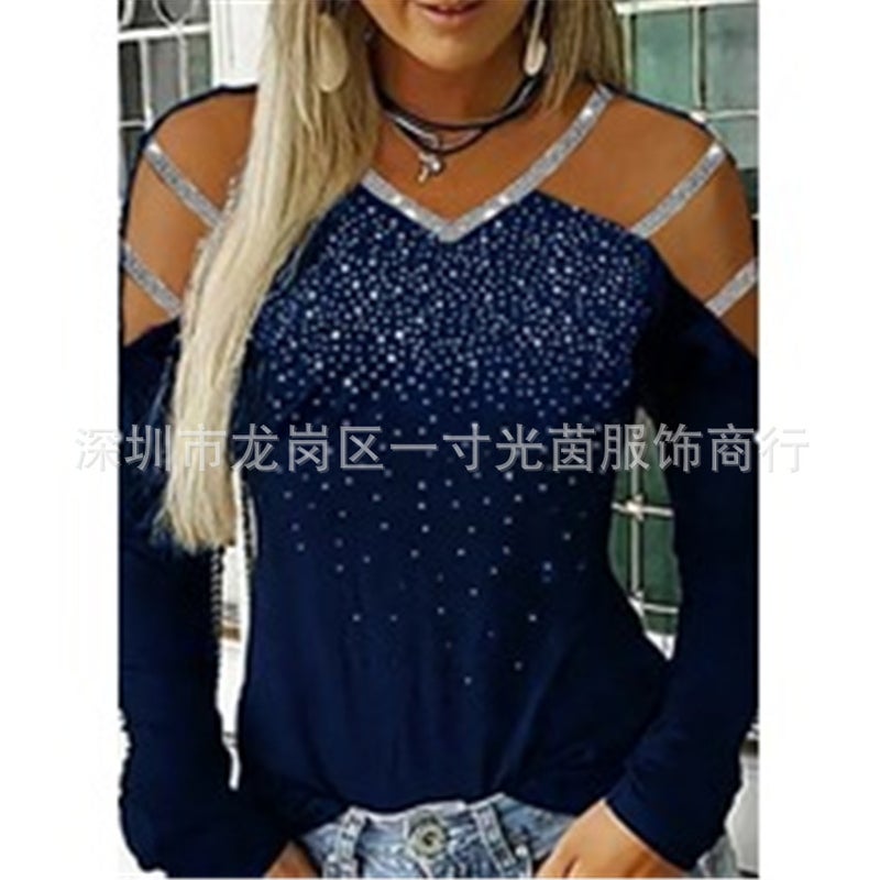 European and American women's V-neck off-the-shoulder hot-drilling long-sleeved multi-color slim casual sports women's T-shirt black XL - Image 3