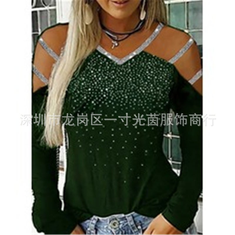 European and American women's V-neck off-the-shoulder hot-drilling long-sleeved multi-color slim casual sports women's T-shirt black XL - Image 1