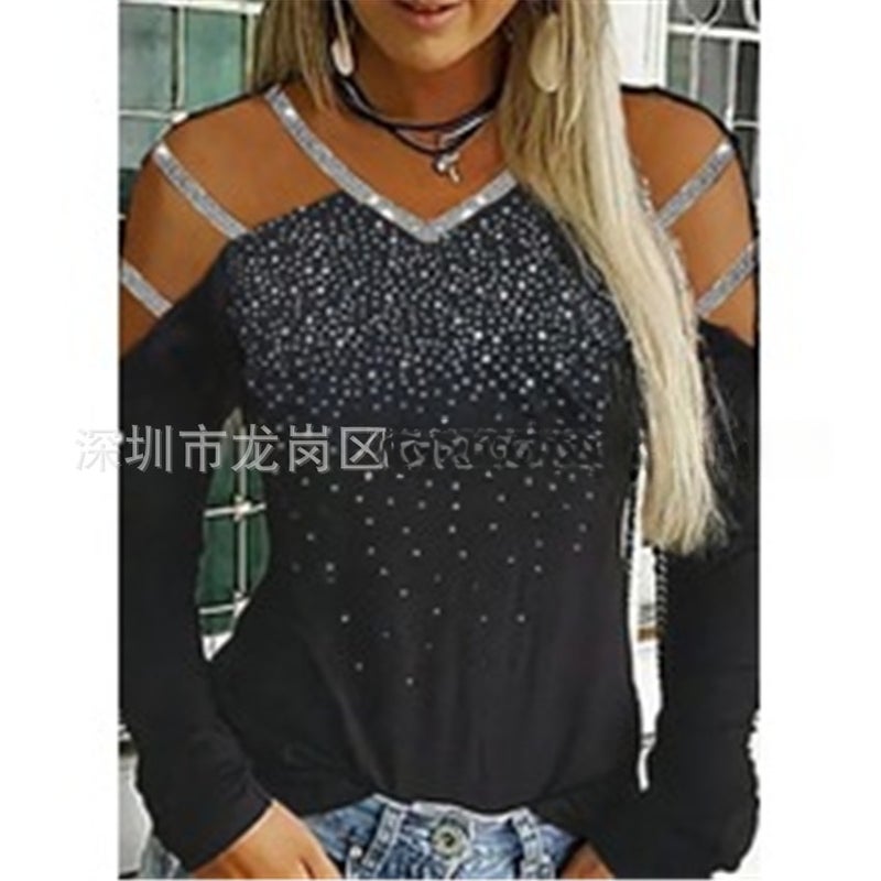 European and American women's V-neck off-the-shoulder hot-drilling long-sleeved multi-color slim casual sports women's T-shirt black XL - Image 5