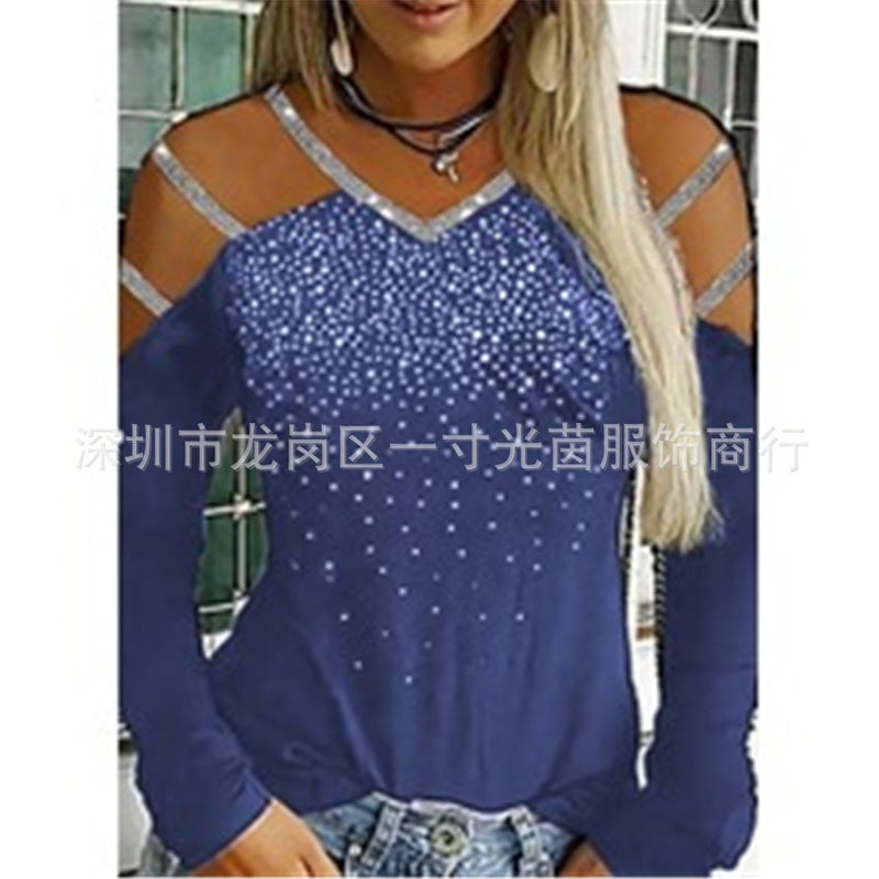European and American women's V-neck off-the-shoulder hot-drilling long-sleeved multi-color slim casual sports women's T-shirt black XL - Image 4