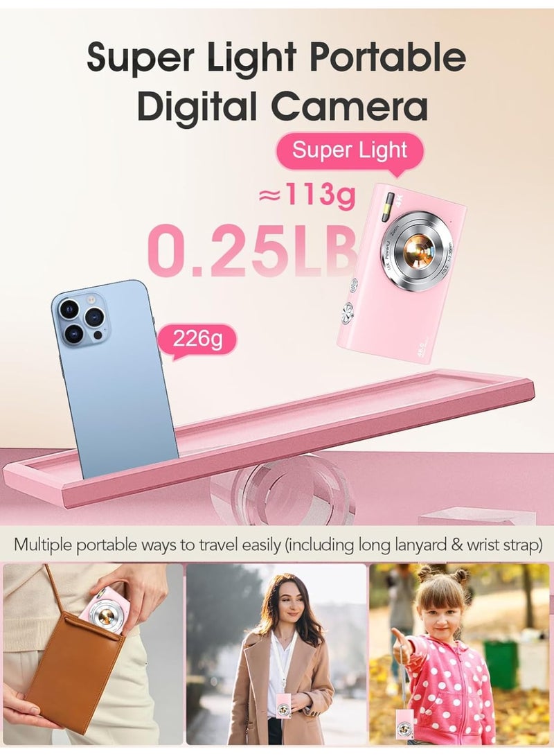 Topcore Digital Camera,Autofocus 4K Vlogging Camera for Photography with 32GB Card,48MP Portable Compact Point and Shoot Digital Camera for Teens Adult Beginner with 16X Zoom,Anti-Shake,2 Batteries(Pink) - Image 3