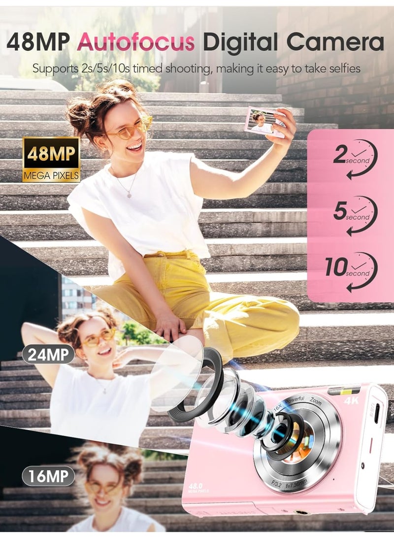 Topcore Digital Camera,Autofocus 4K Vlogging Camera for Photography with 32GB Card,48MP Portable Compact Point and Shoot Digital Camera for Teens Adult Beginner with 16X Zoom,Anti-Shake,2 Batteries(Pink) - Image 5