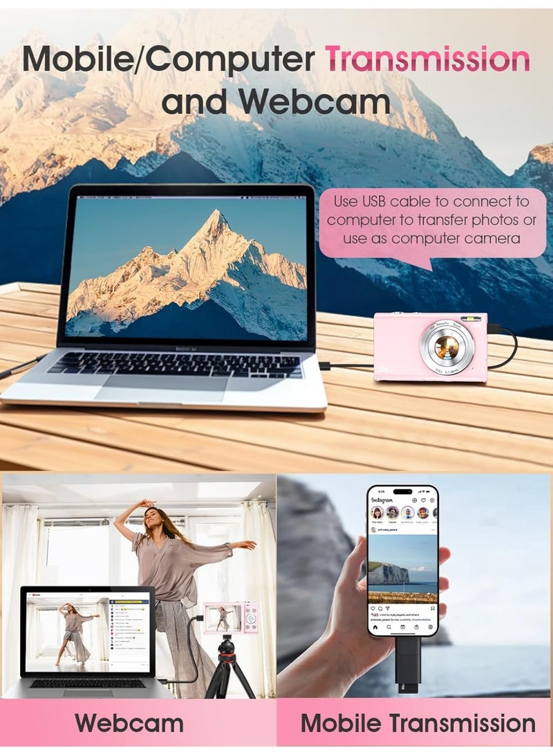 Topcore Digital Camera,Autofocus 4K Vlogging Camera for Photography with 32GB Card,48MP Portable Compact Point and Shoot Digital Camera for Teens Adult Beginner with 16X Zoom,Anti-Shake,2 Batteries(Pink) - Image 2