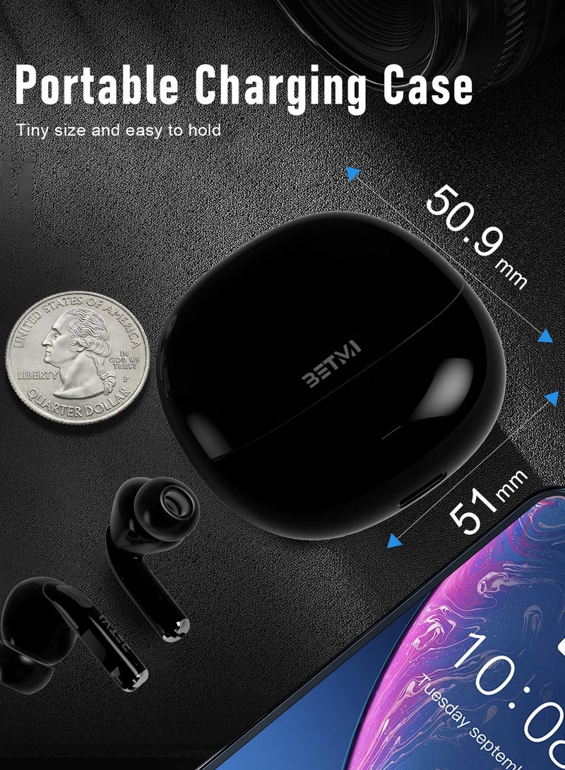 BETMI - True Wireless Earbuds - Fully In-Ear Bluetooth5.4 Headphones, IPX5 Waterproof TWS With Dual Mic For Sport, Light-Weight Earphones Playtime 40+Hours with Charging Case For Android iOS/iPhone - Black