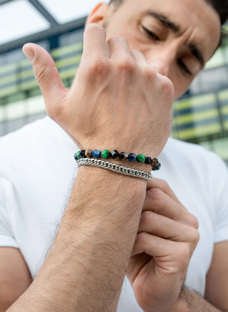 Lunnora Green, Blue, and Brown Tiger Eye Faceted Beads Handmade Natural Stone Bead Bracelet – Bracelet for Men, Men’s Bracelet, Gifts for Men, Bracelets for Men – Adjustable One Size Fits All